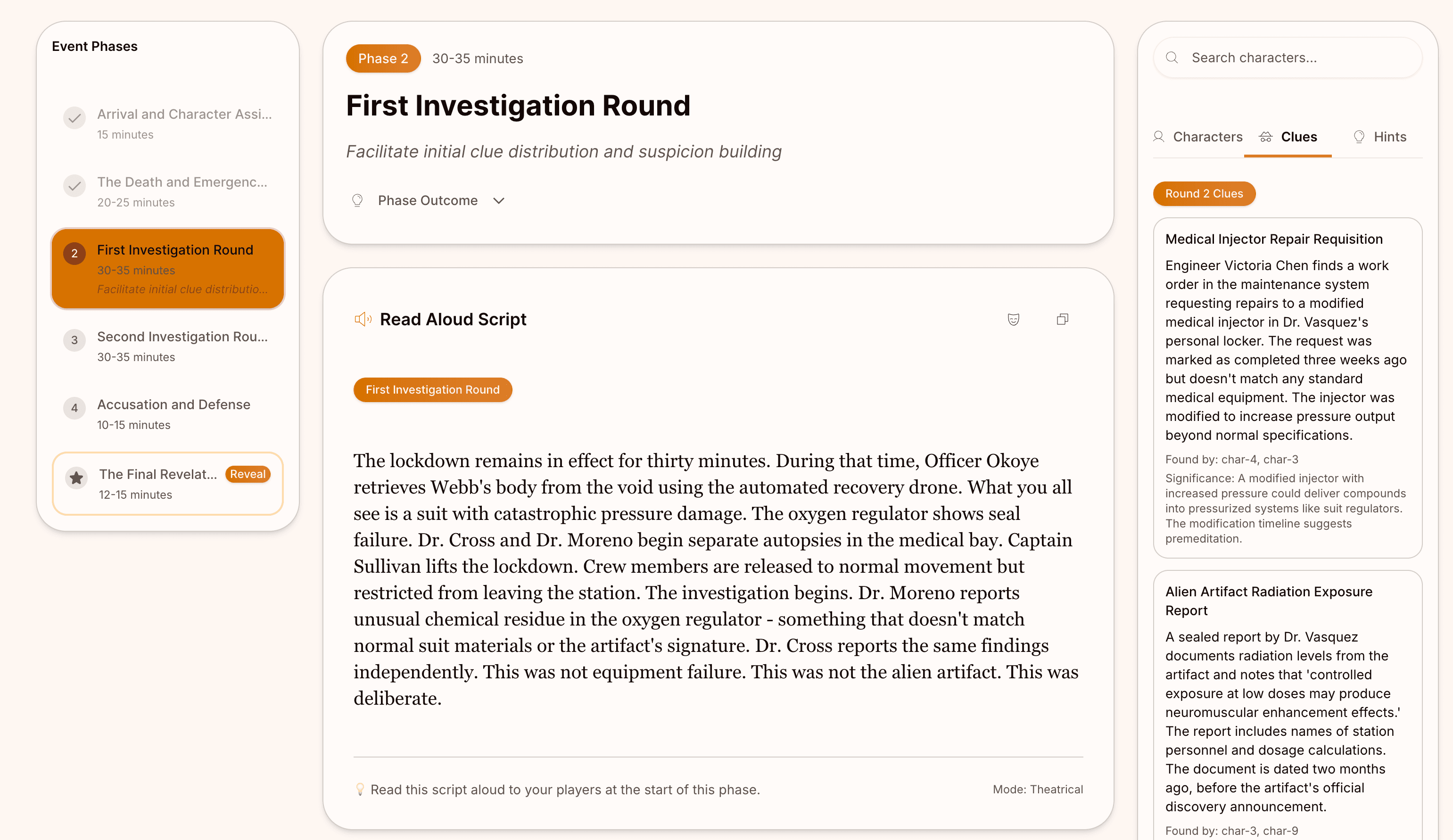 Event Host Controller interface showing phase timeline, read-aloud scripts, and character lookup